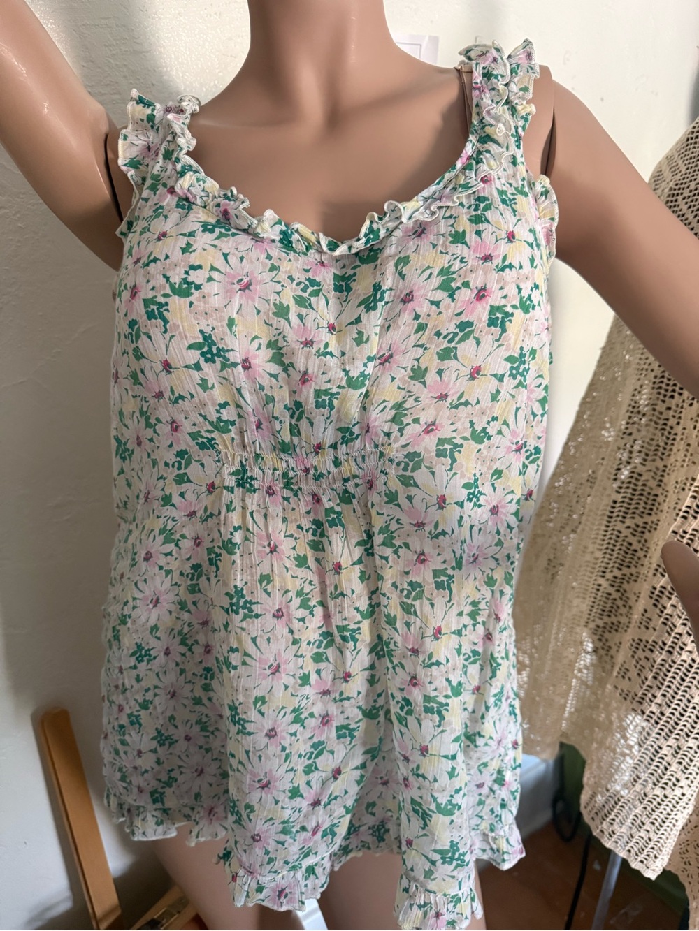 Old Navy White Floral Ruffle-Trim Camisole with Pink and Green Print